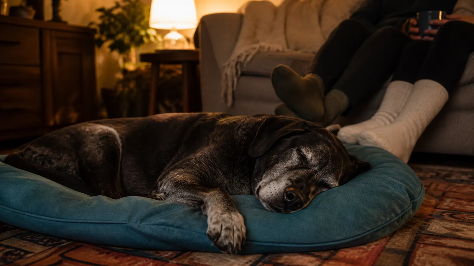 Senior dog asleep on a teal bed at home in the evening during a foster-to-adopt trial