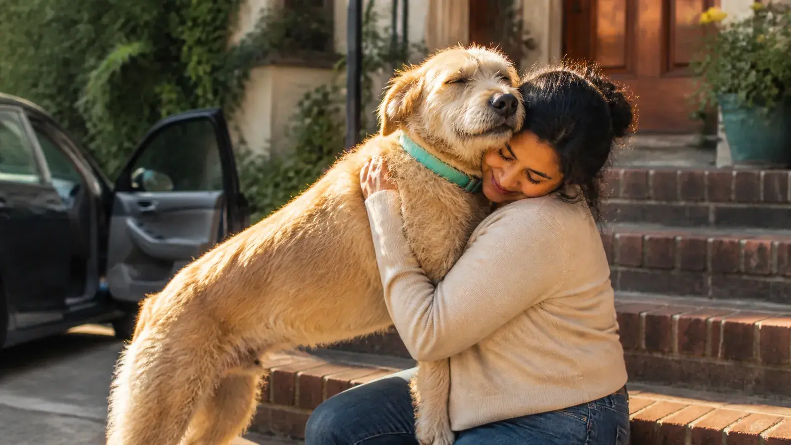New rescue dog leaning into a kneeling woman on the front steps on homecoming day, the adoption decision made