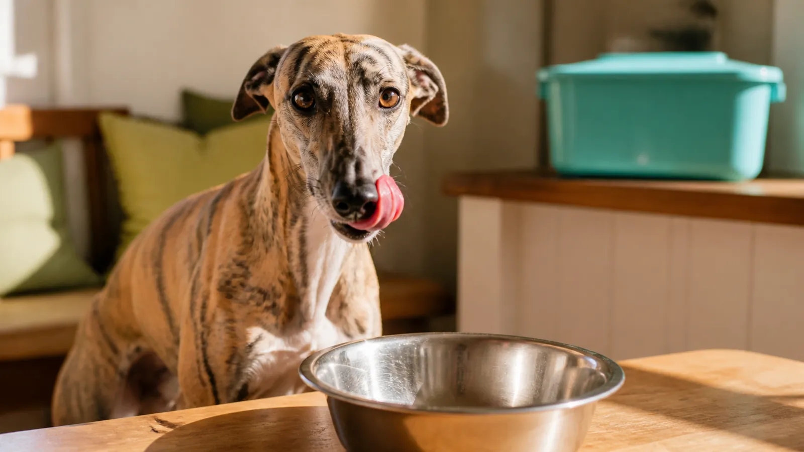 Whippet licking its chops over a spotless empty bowl, months into the fresh dog food plan that stuck