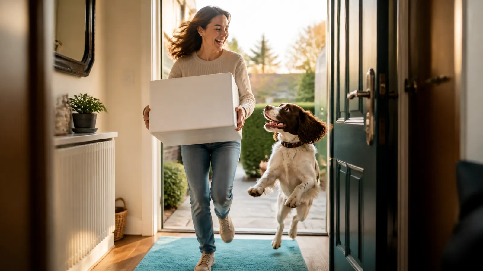 Woman carrying an insulated delivery box indoors as her dog leaps beside her on fresh dog food delivery day