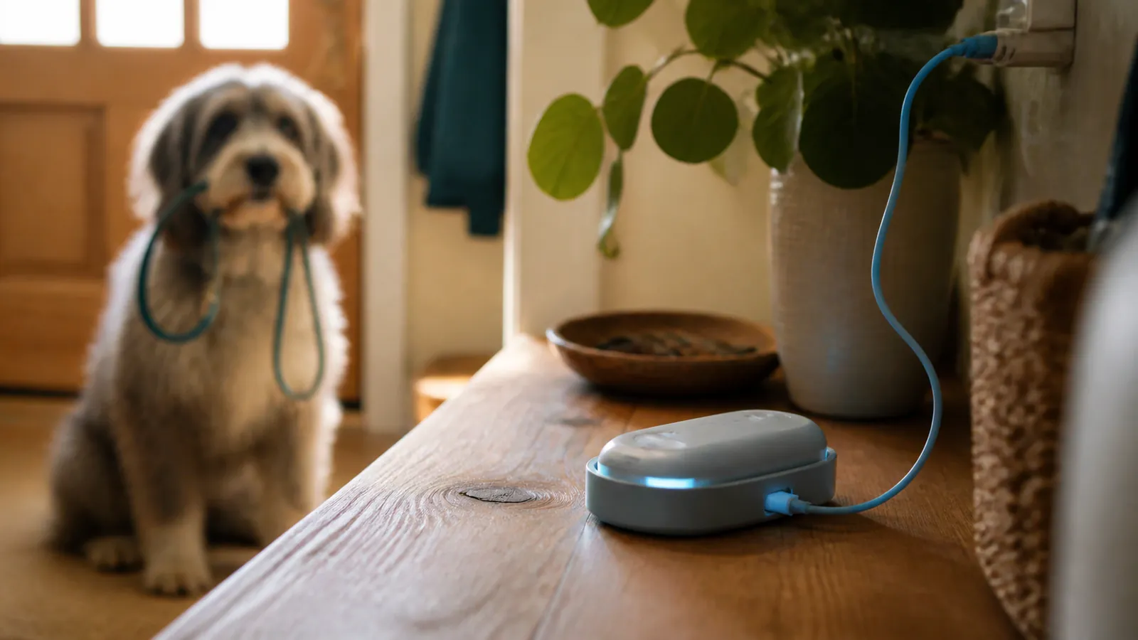 GPS dog tracker glowing in its charging dock while a dog waits at the door with its leash, the daily charging routine