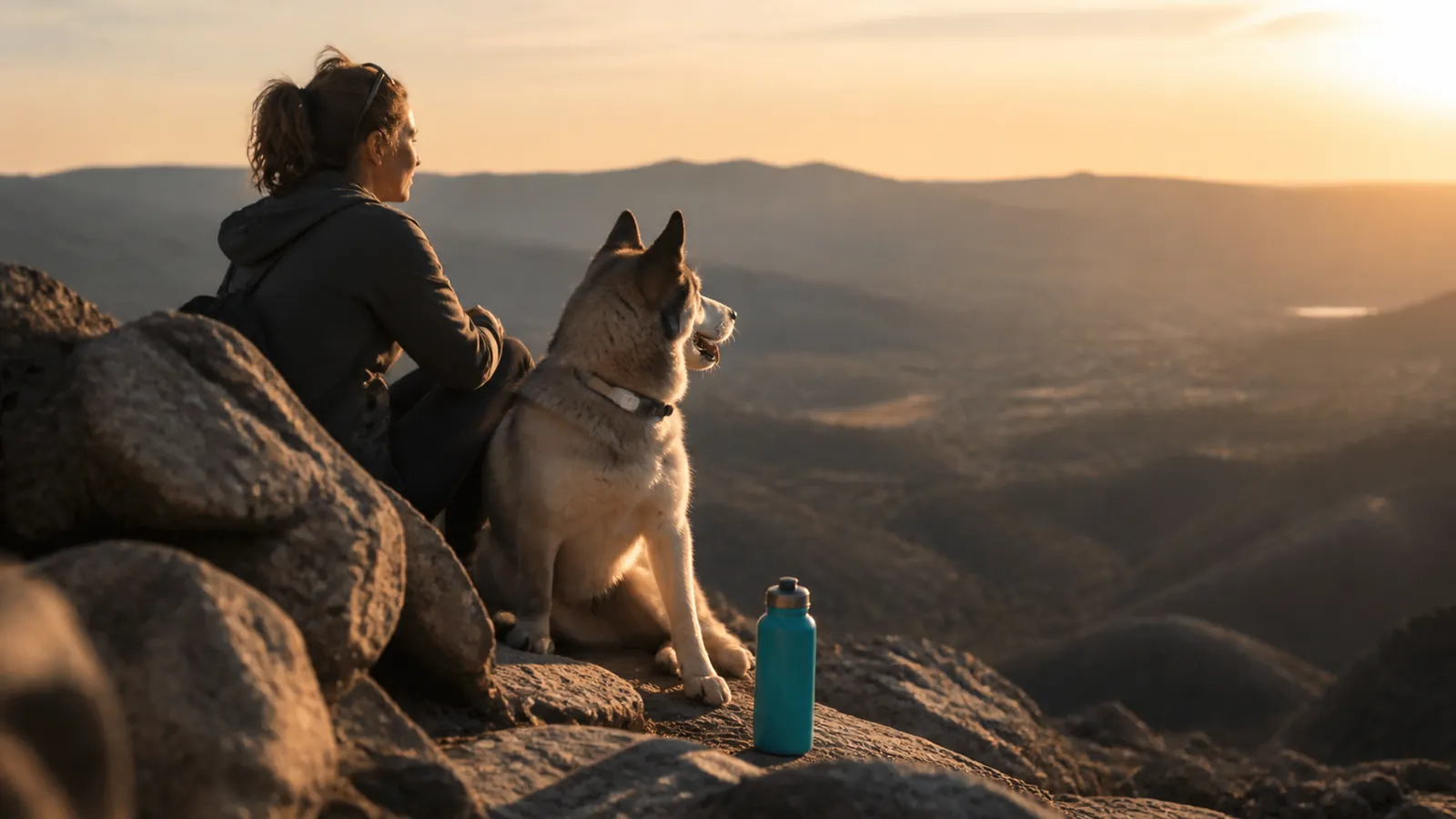 Hiker and dog resting at a valley overlook with a tracker on the collar, roaming far without worry