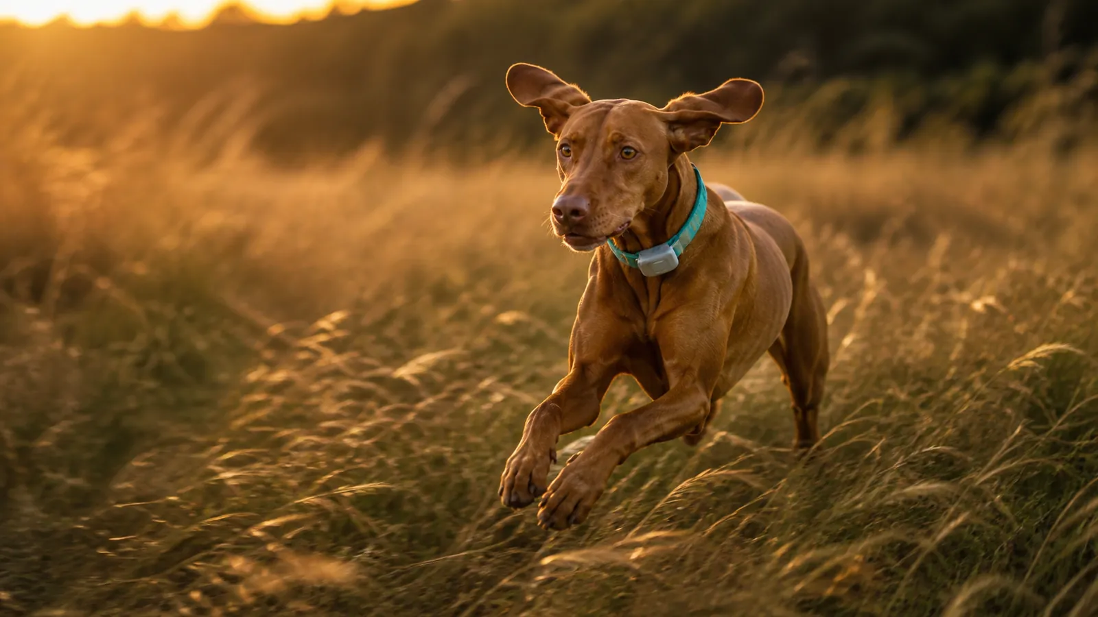 Dog running through a golden meadow wearing a GPS tracker on a teal collar