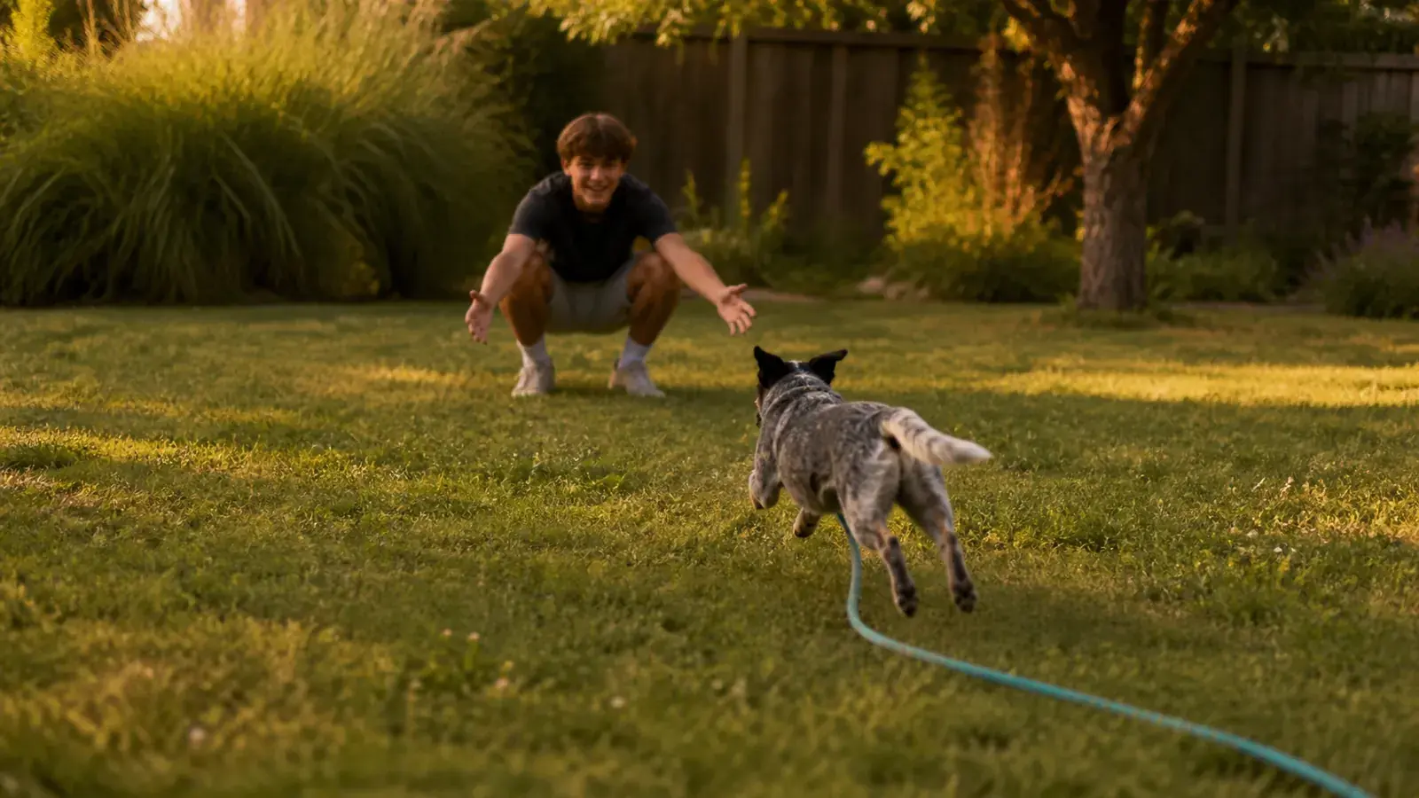 Dog sprinting to a recall across a backyard on a teal long line, practicing homework from an online training class
