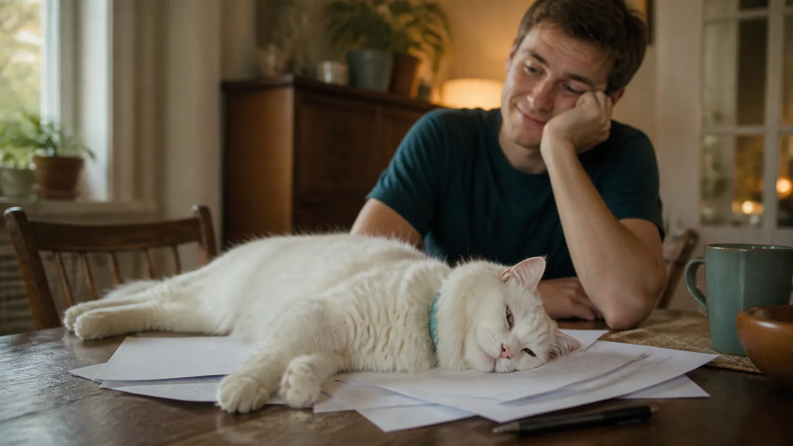 Cat sprawled across blank paperwork on a table while an owner compares pet insurance options