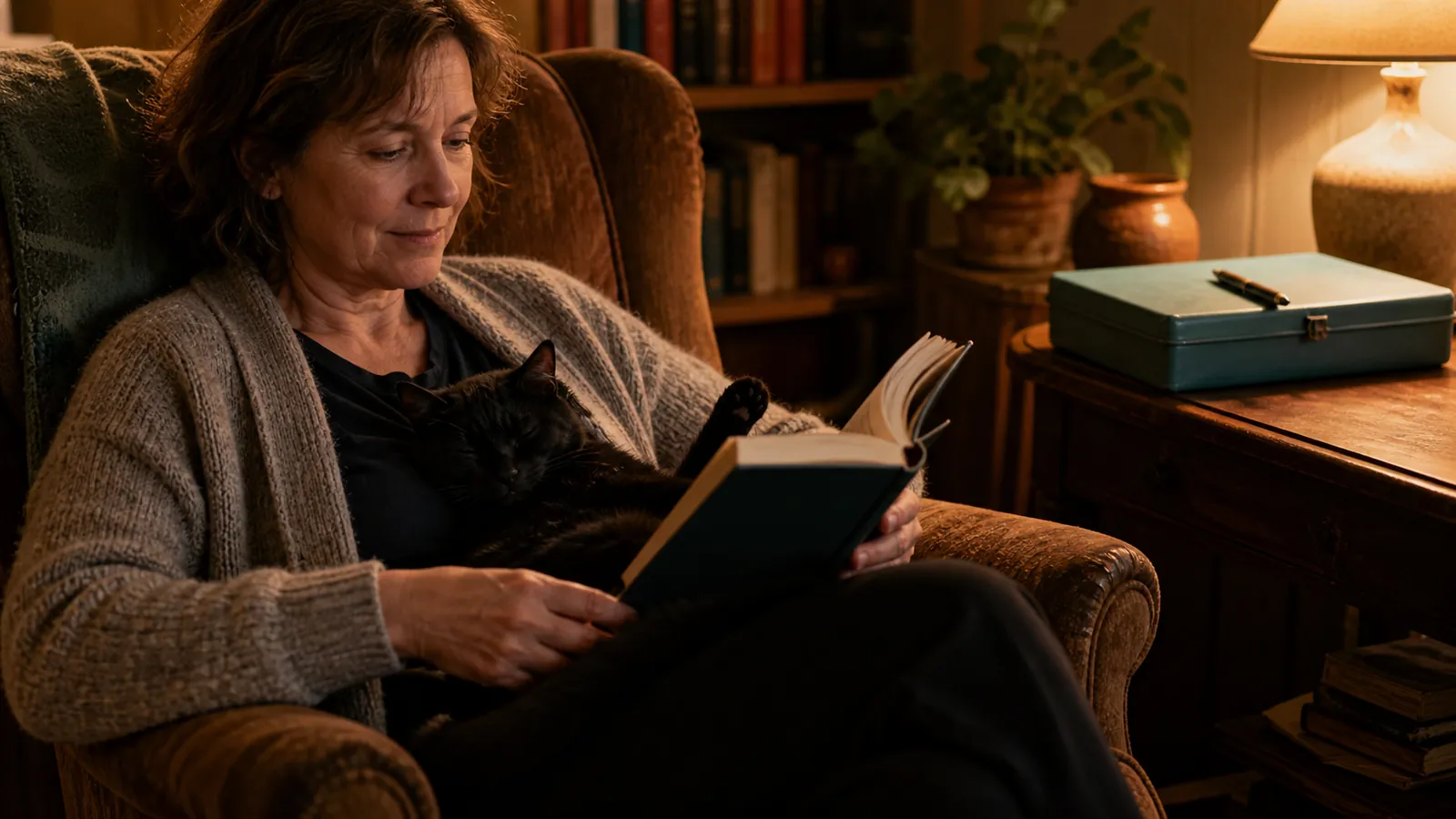 Woman reading with a cat asleep on her lap beside a closed teal document box, pet insurance compared and enrolled