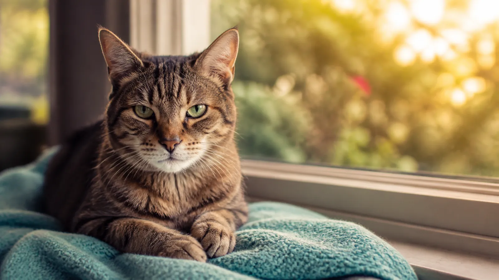 Senior tabby cat sitting on a windowsill blanket, an older pet still eligible for pet insurance enrollment