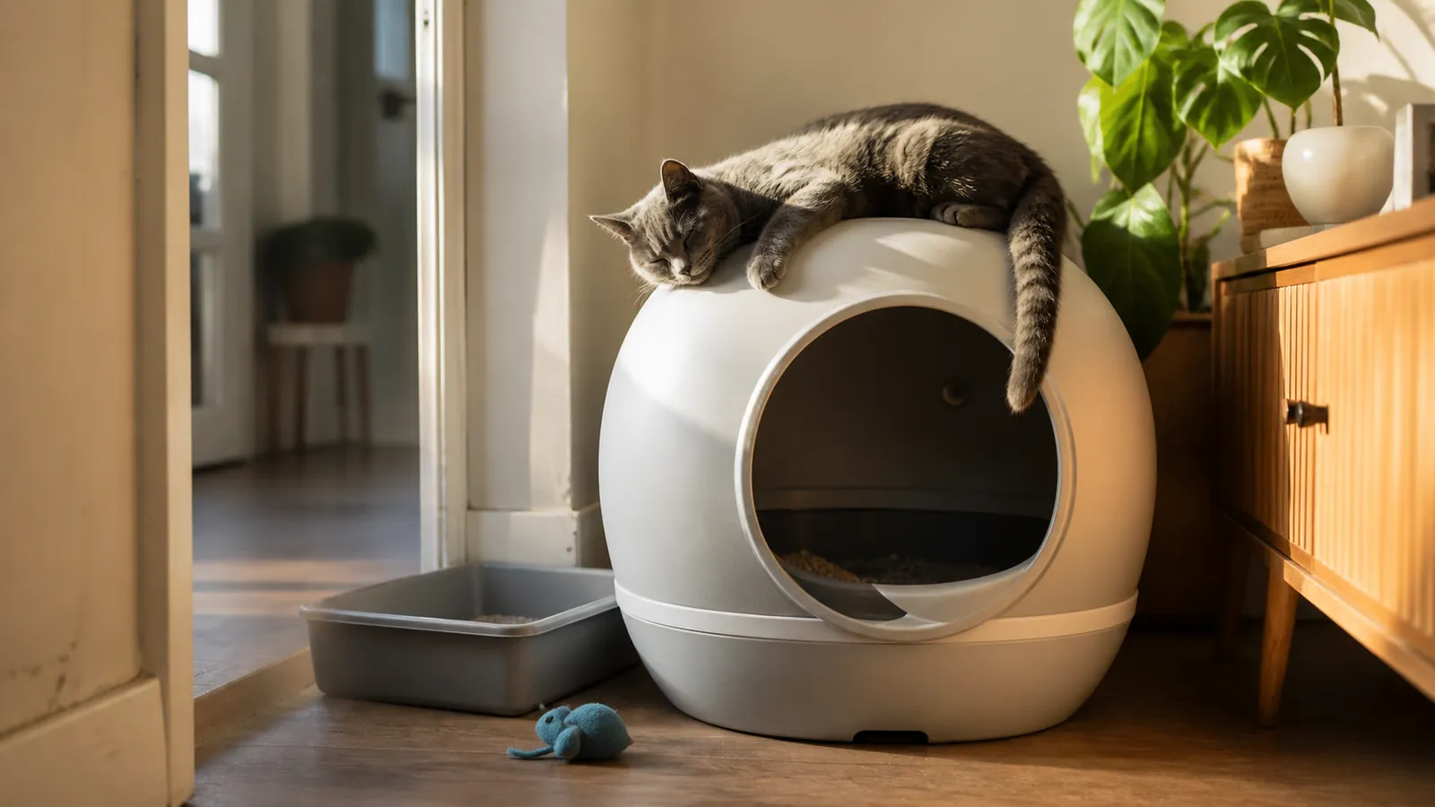 Gray cat napping on top of the self-cleaning litter box, the cautious transition ended in full acceptance