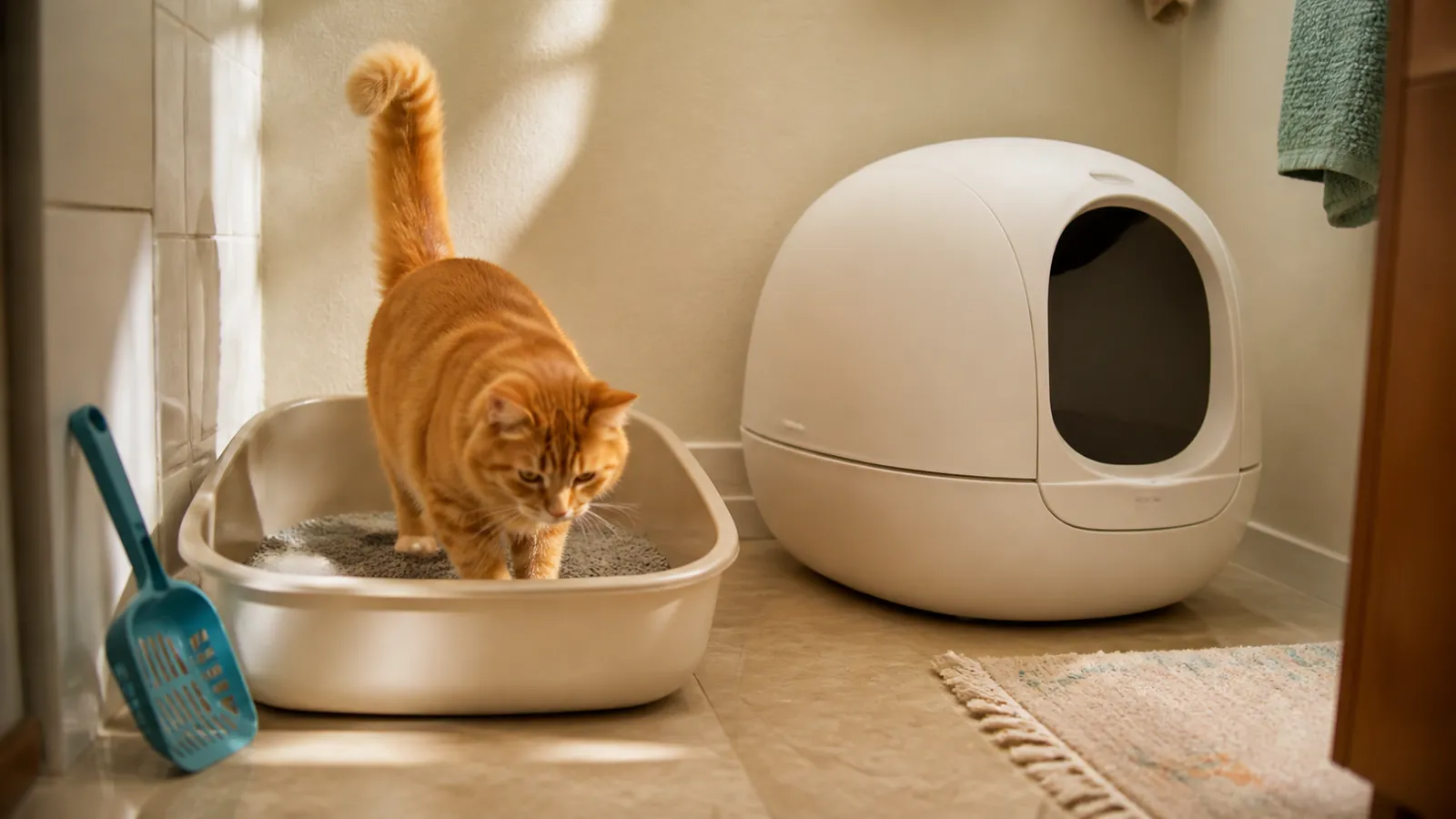 Cat choosing a familiar open litter tray beside a new self-cleaning litter box during a gradual transition