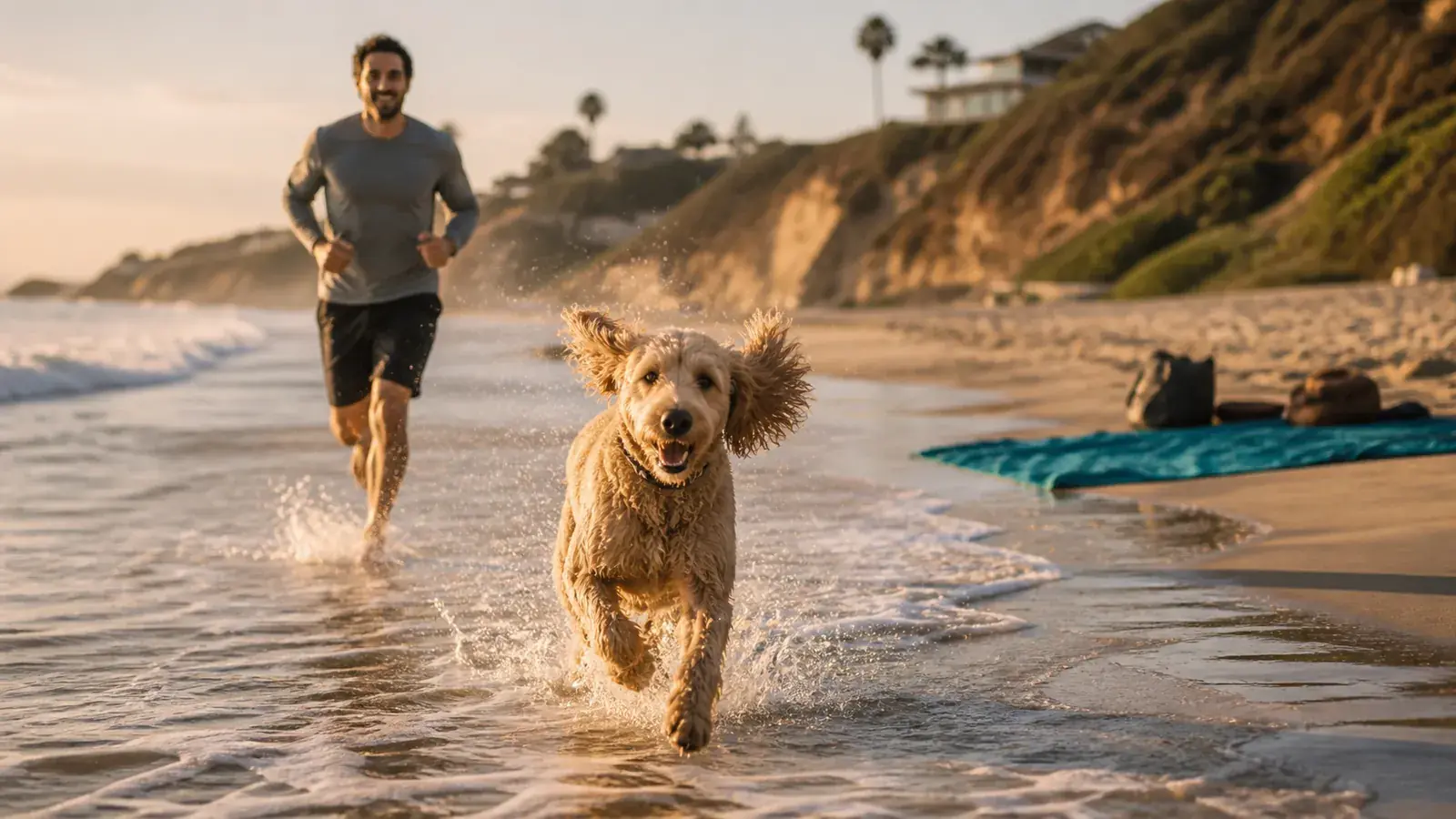 Goldendoodle splashing through surf at golden hour on a California beach, insured and carefree by the Pacific