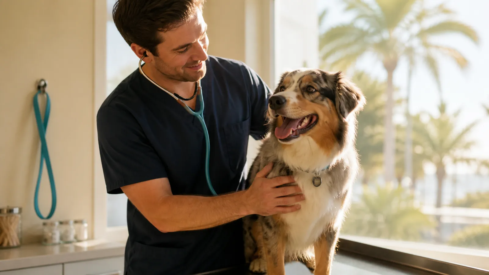 Veterinarian examining a happy dog in a bright California clinic, the exam that can waive a policy waiting period