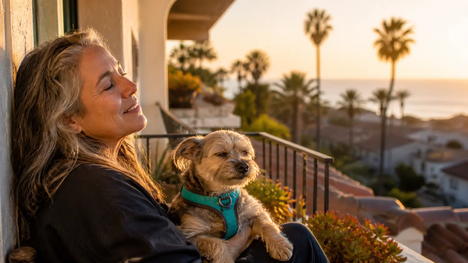 Woman with her small dog in a teal harness on a sunny California balcony with palm trees