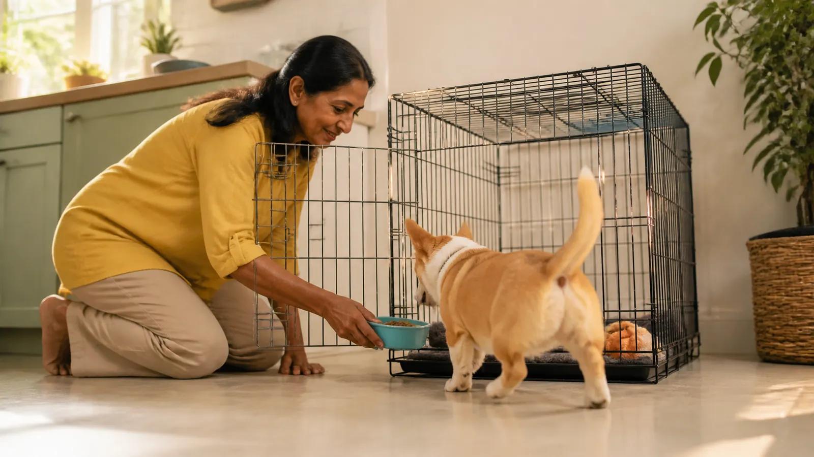 Woman placing a food bowl inside an open crate as a puppy trots in, the mealtime step of crate training