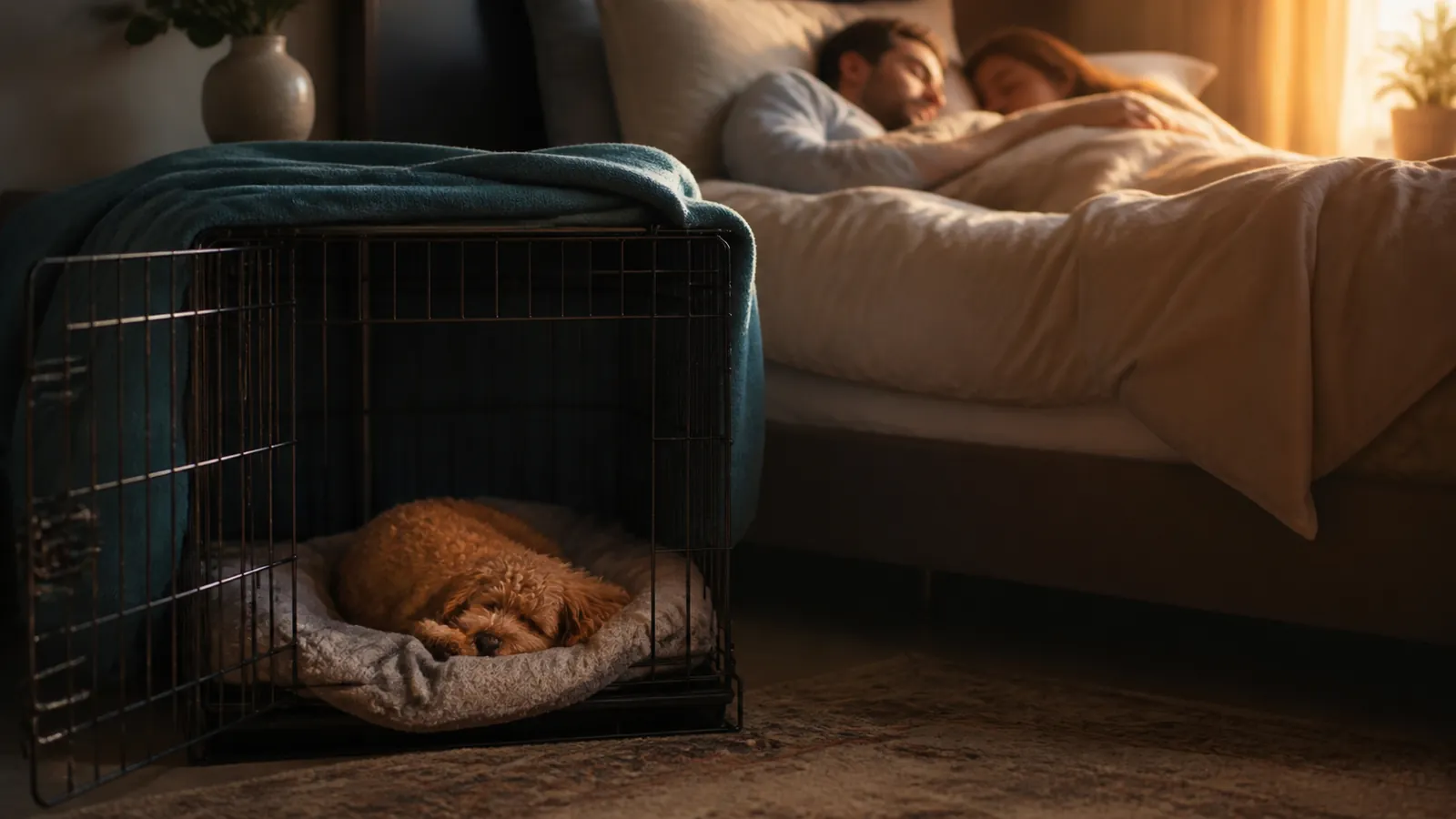 Puppy asleep in an open crate at dawn beside a sleeping couple, the first full night of crate training slept through