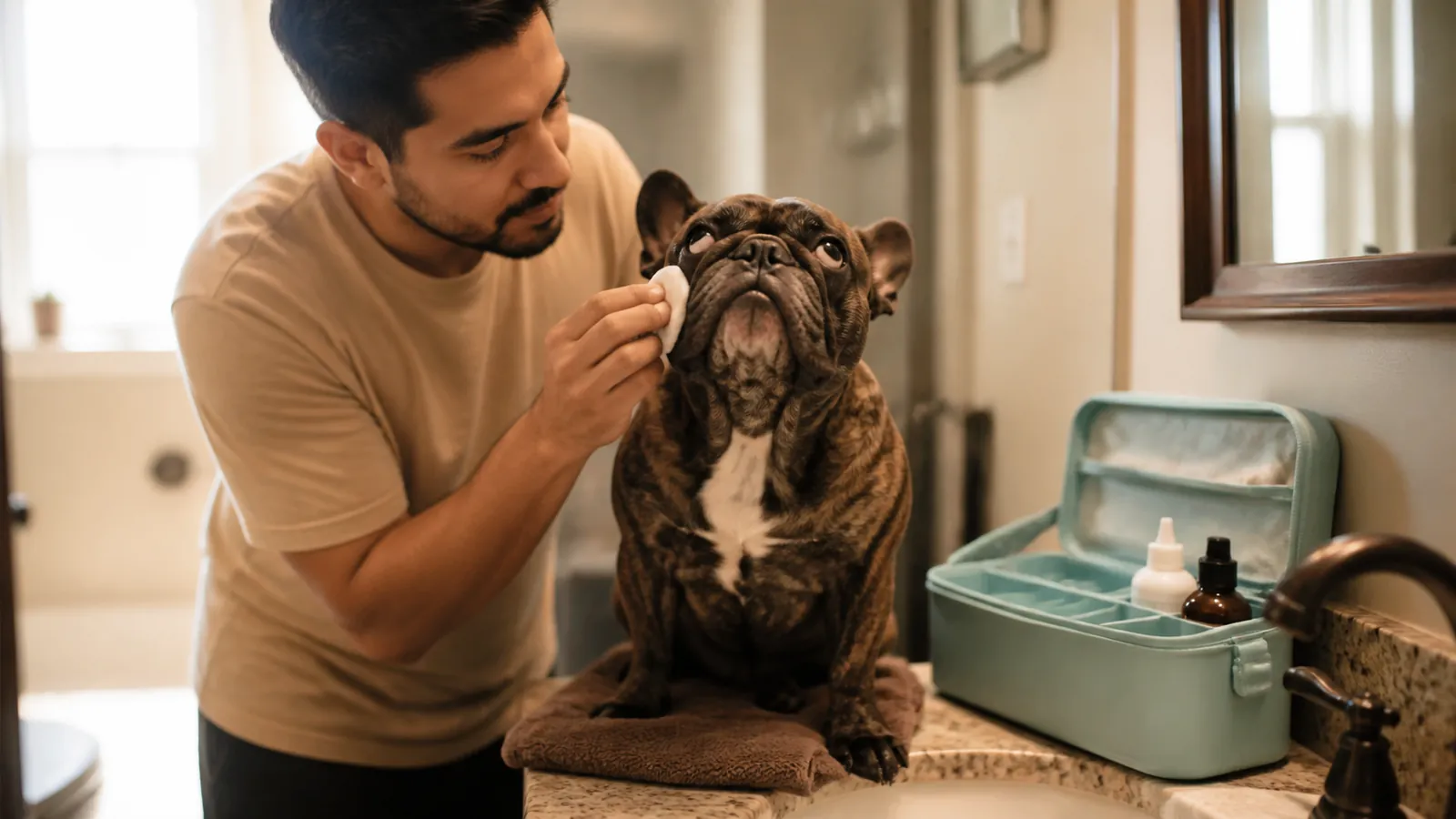 Owner wiping a French bulldog's facial folds with a cotton pad, the routine skin care in the breed's cost of ownership