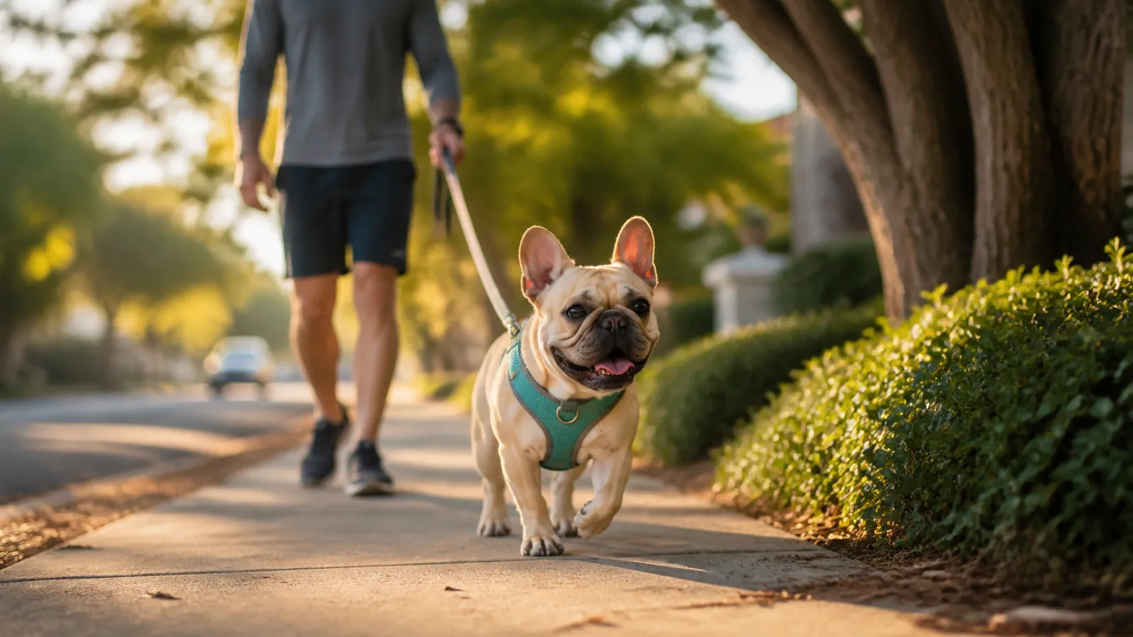 French bulldog trotting happily on a shaded dawn walk in a teal harness, the breed's care routine paying off