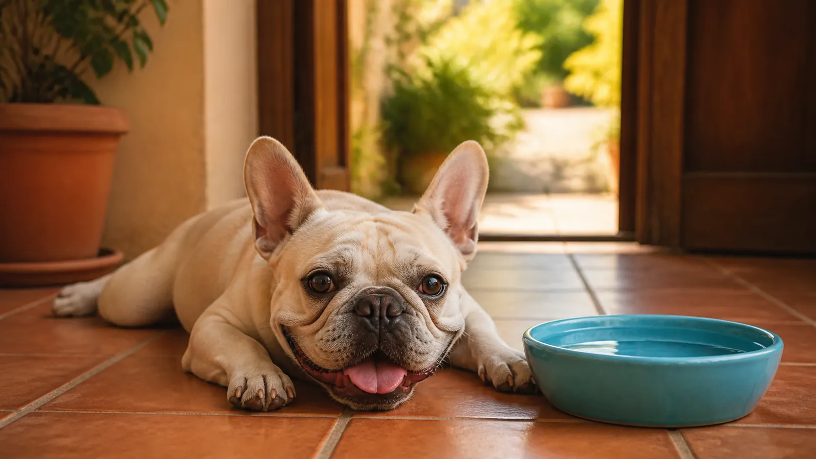 French bulldog resting on cool tile beside a full teal water bowl, staying safe from the heat