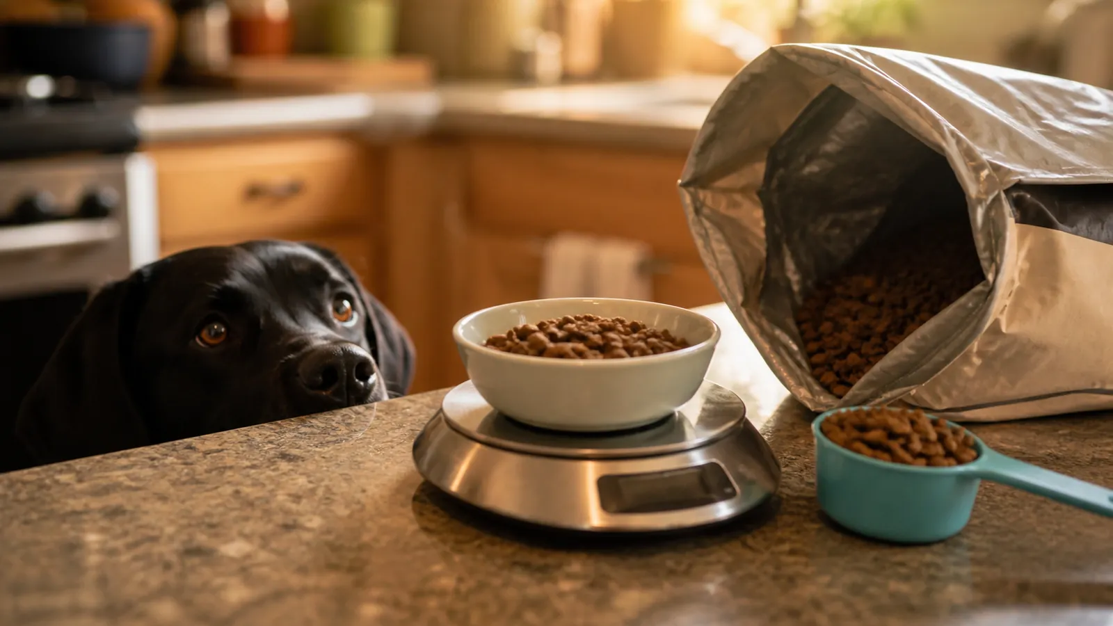 Kitchen scale weighing a kibble portion as a dog watches, comparing fresh dog food and kibble cost per day
