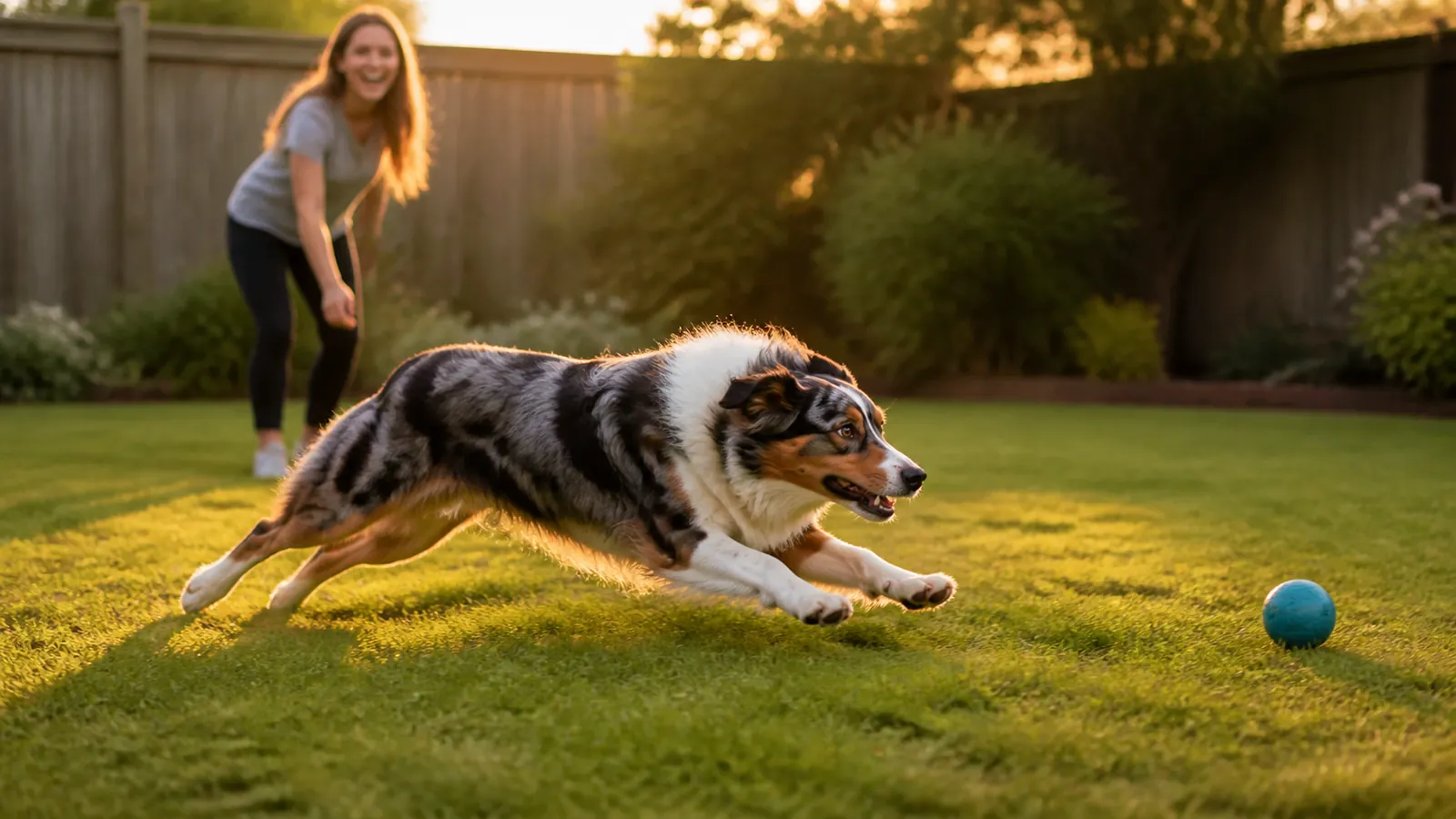 Shiny-coated dog sprinting after a teal ball at golden hour, thriving on the food chosen after the comparison