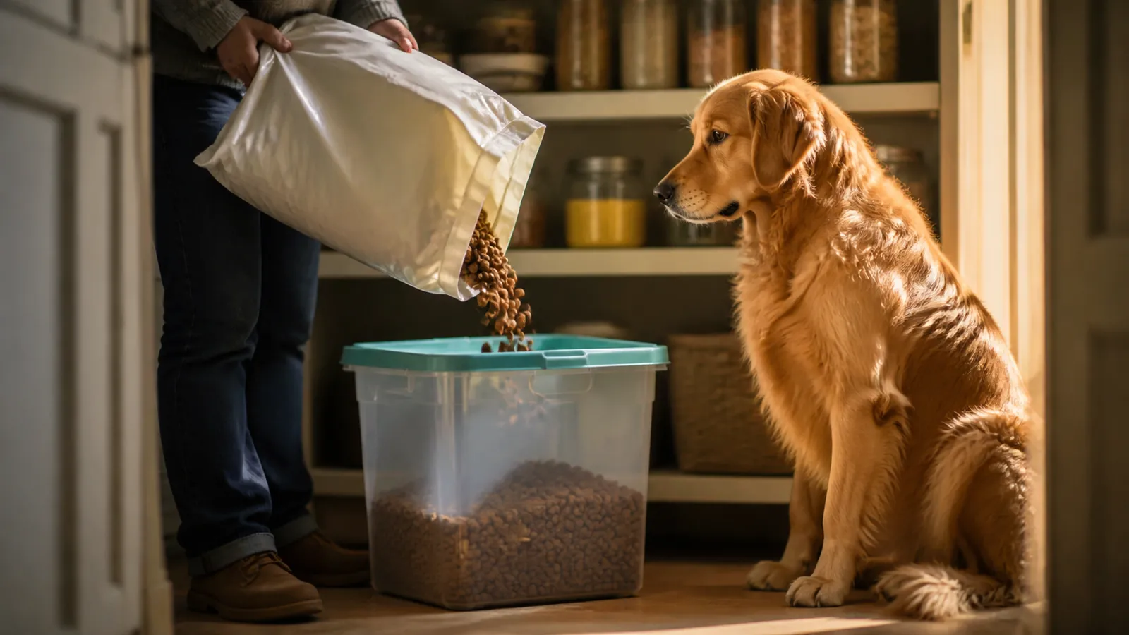 Golden retriever watching a large kibble bag pour into a storage bin, the food quantity a big dog's budget carries