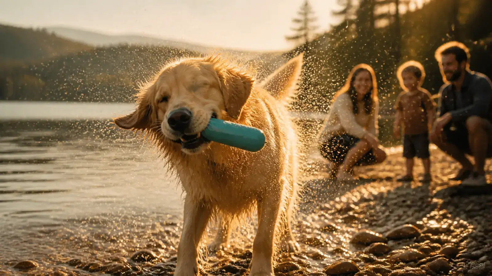 Golden retriever shaking off lake water with a teal toy in its mouth, the payoff of the breed's yearly budget