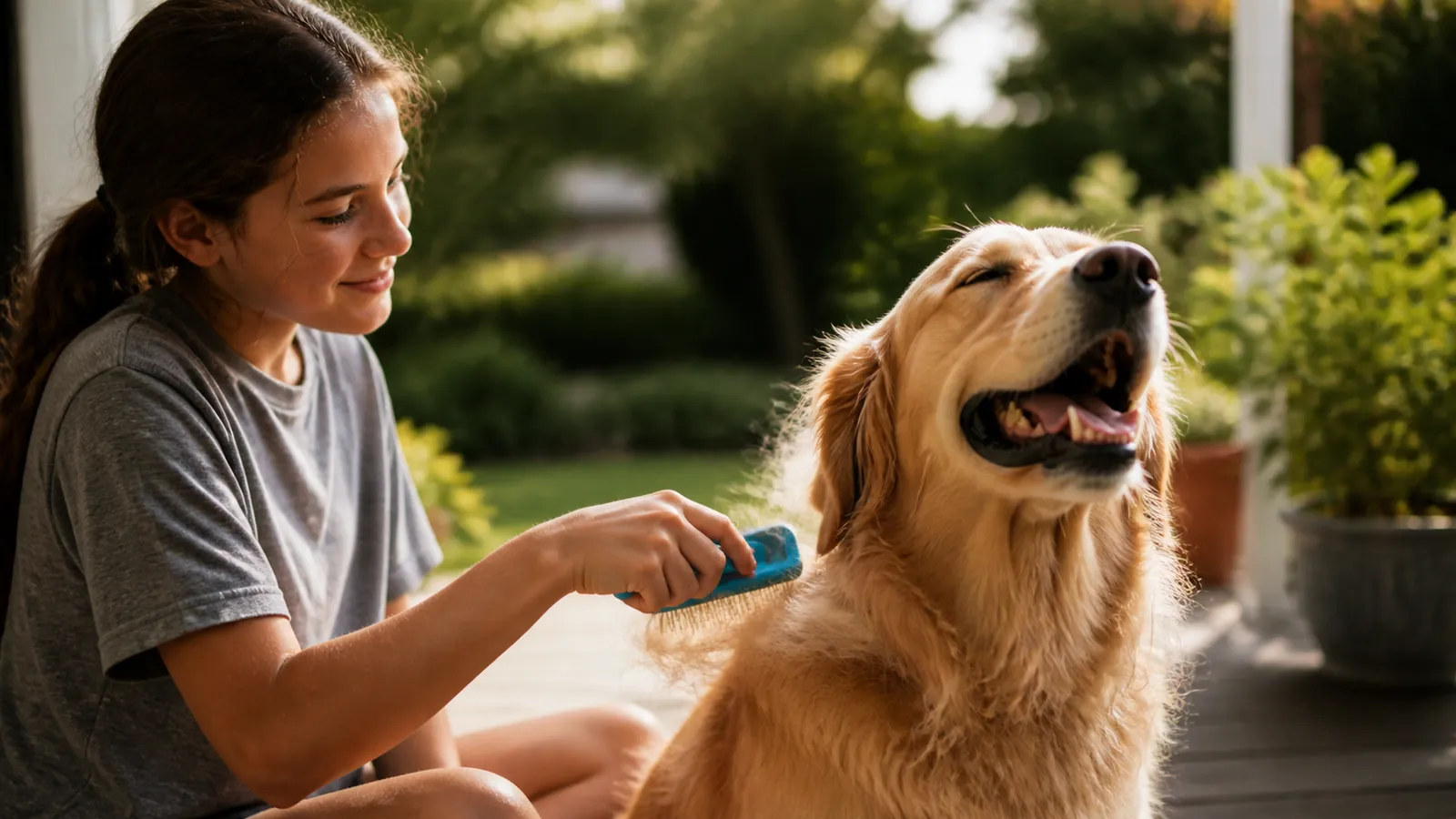 Golden retriever leaning happily into a brushing on the porch, part of the breed's cost of ownership