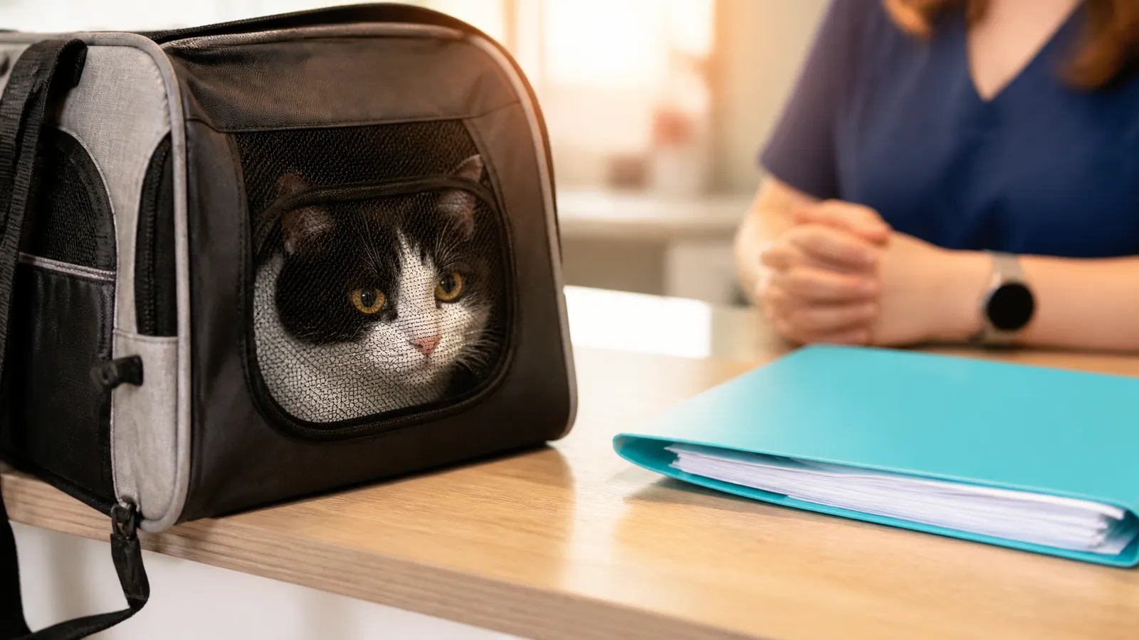 Cat in a carrier beside a folder of records at the vet reception counter, paying first before a pet insurance claim