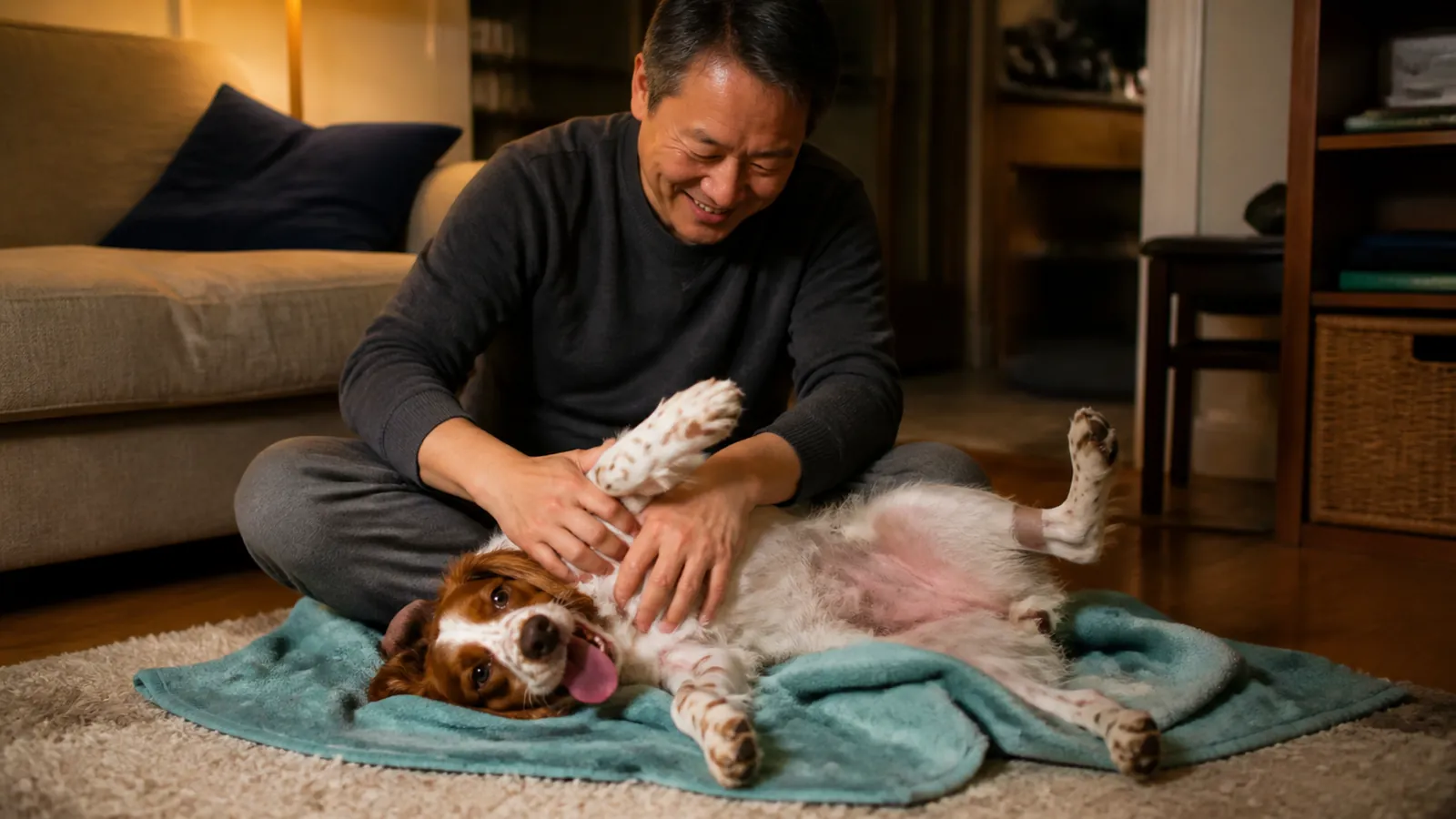 Owner rubbing his recovered dog's chest at home, a small healed shave mark left from the treatment the insurance reimbursed