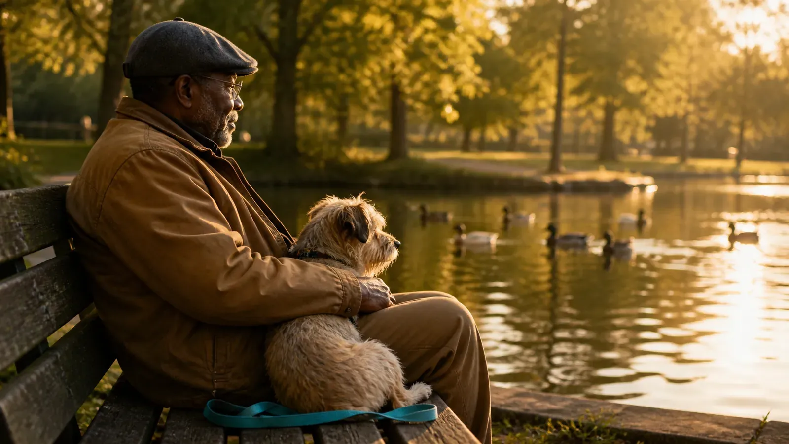 Older man and his terrier relaxing on a park bench, the pet insurance decision made and the worry finally set down