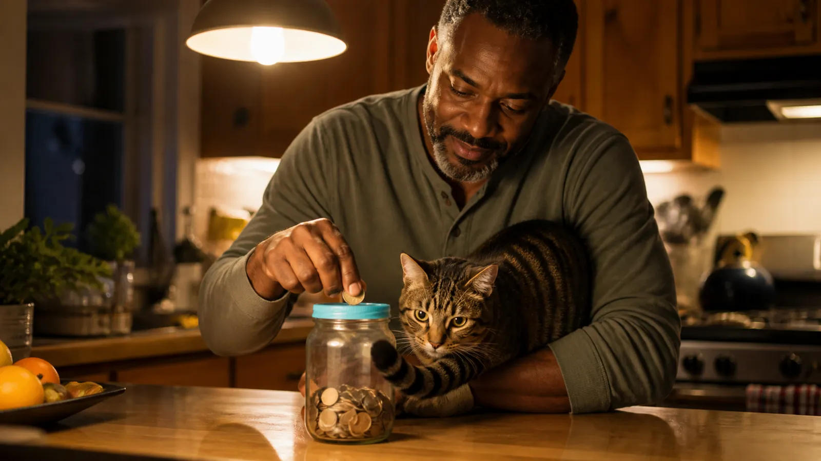 Man adding coins to a savings jar at night while his cat watches, building a vet emergency fund instead of insurance