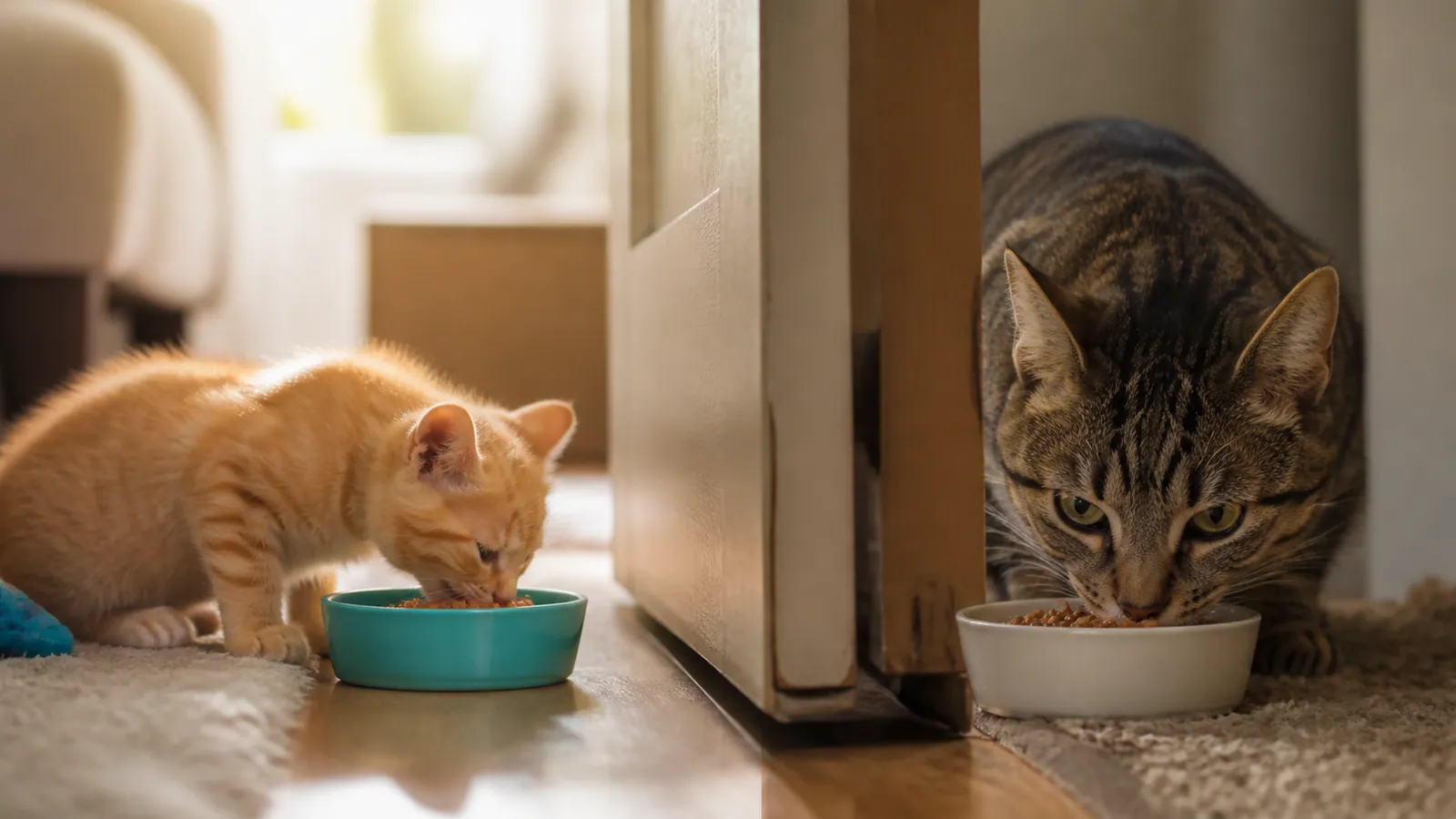 Kitten and resident cat eating on either side of a cracked-open door during a gradual new kitten introduction