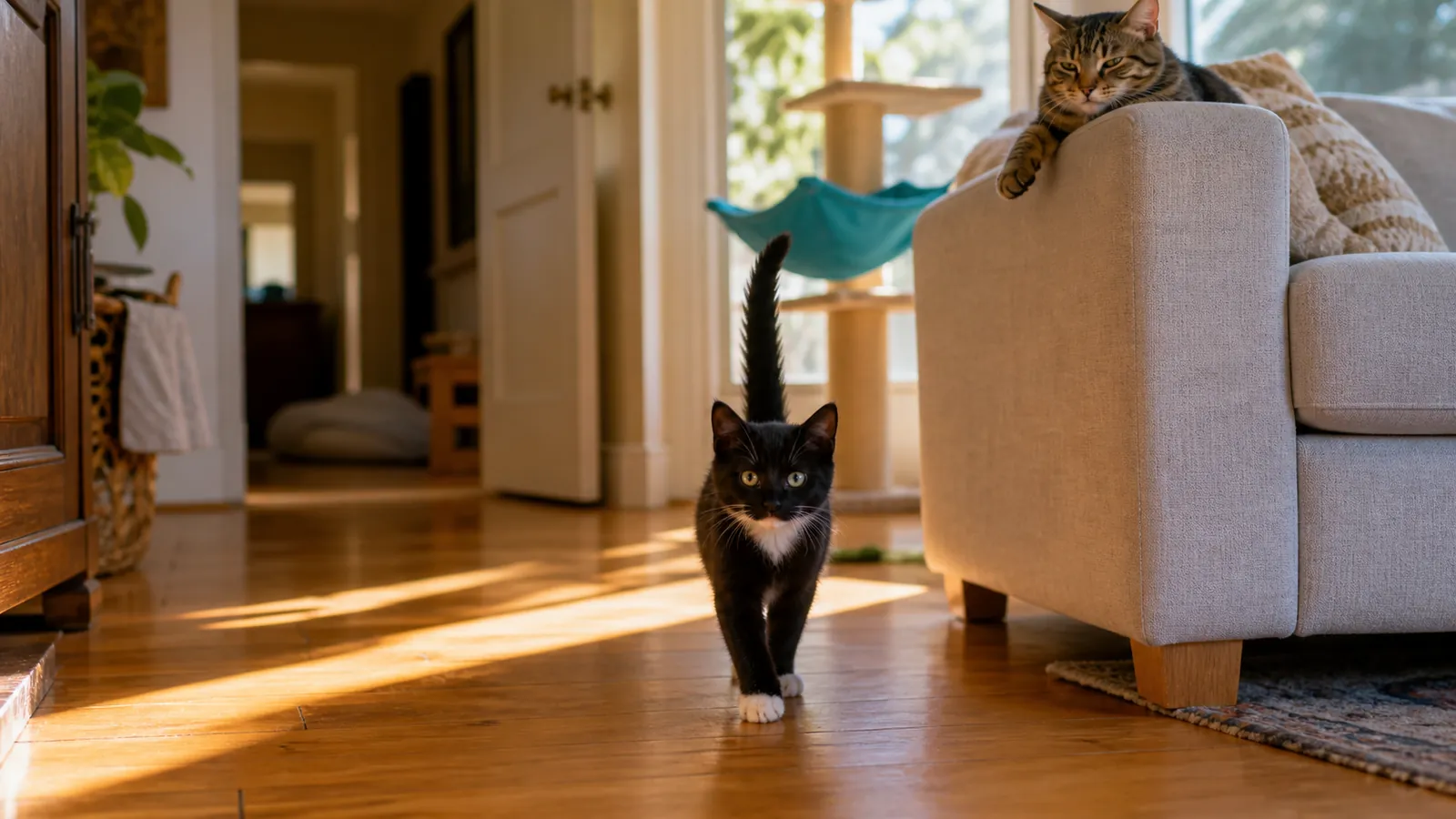 Confident kitten crossing the living room while the resident cat lounges above, full run of the house after the introduction