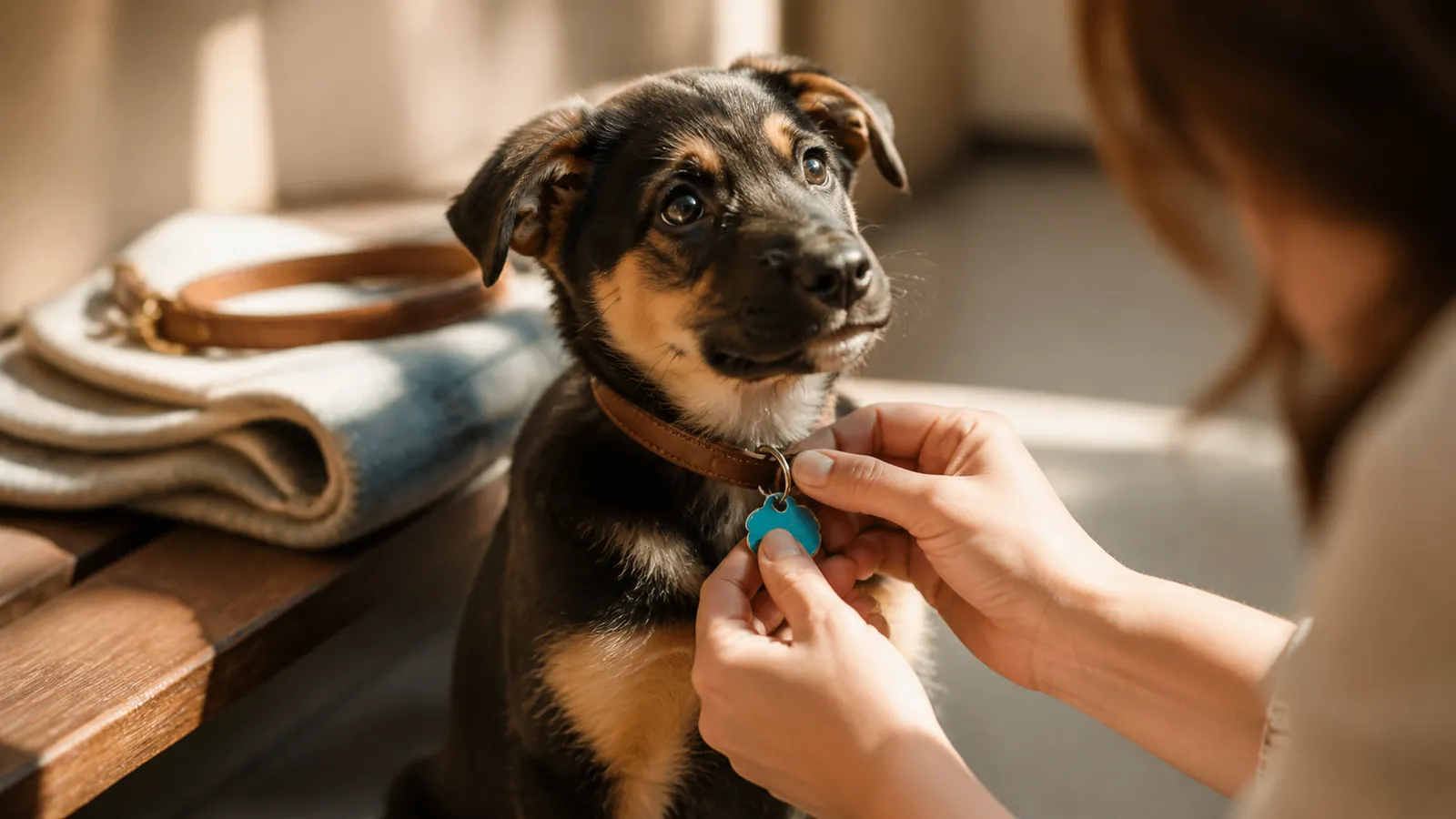 Puppy sitting still while a blank teal ID tag is fastened to its collar, the identification step of the new puppy checklist