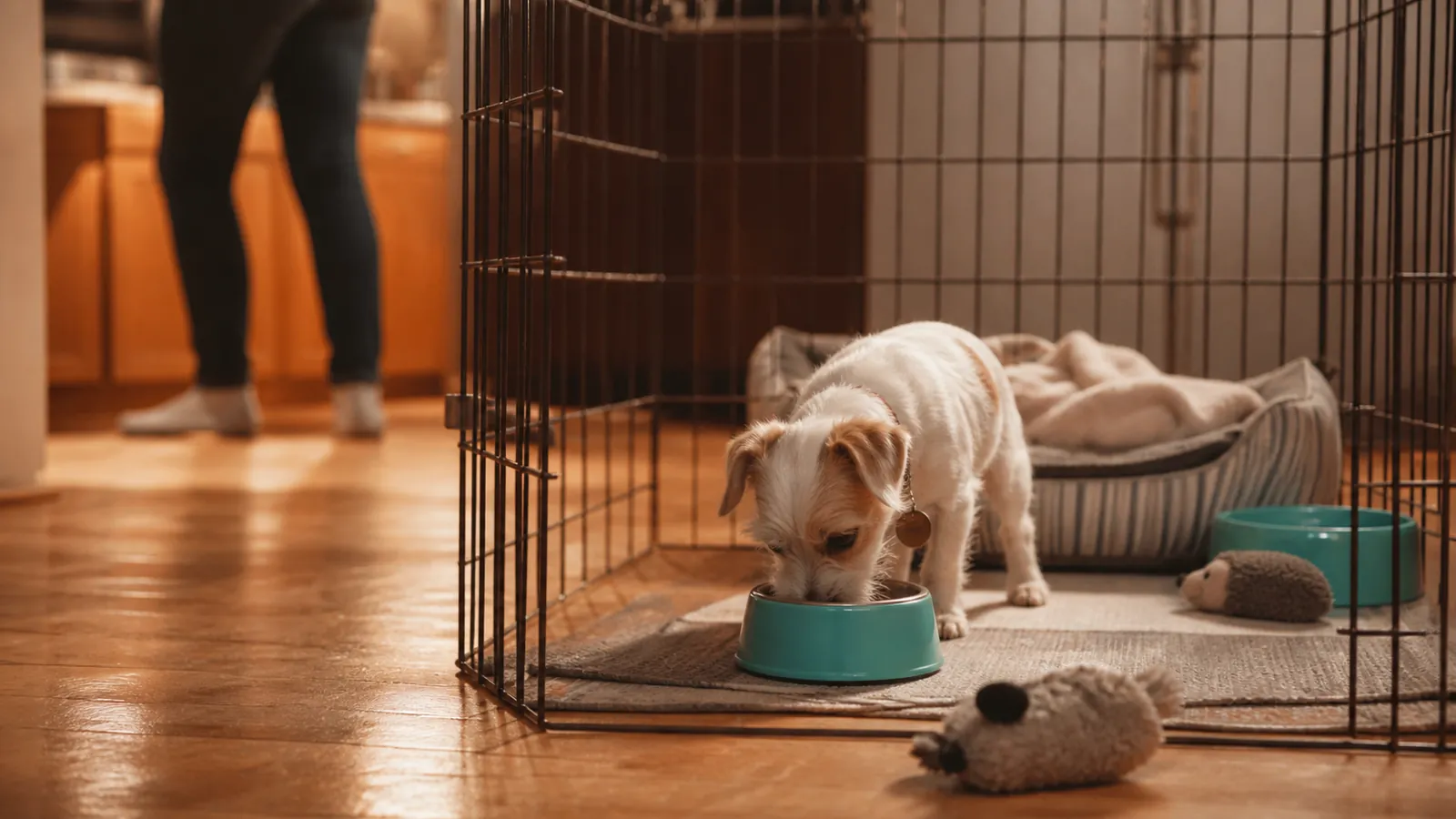Puppy calmly eating dinner in its open playpen corner weeks in, the new puppy checklist settled into an evening routine