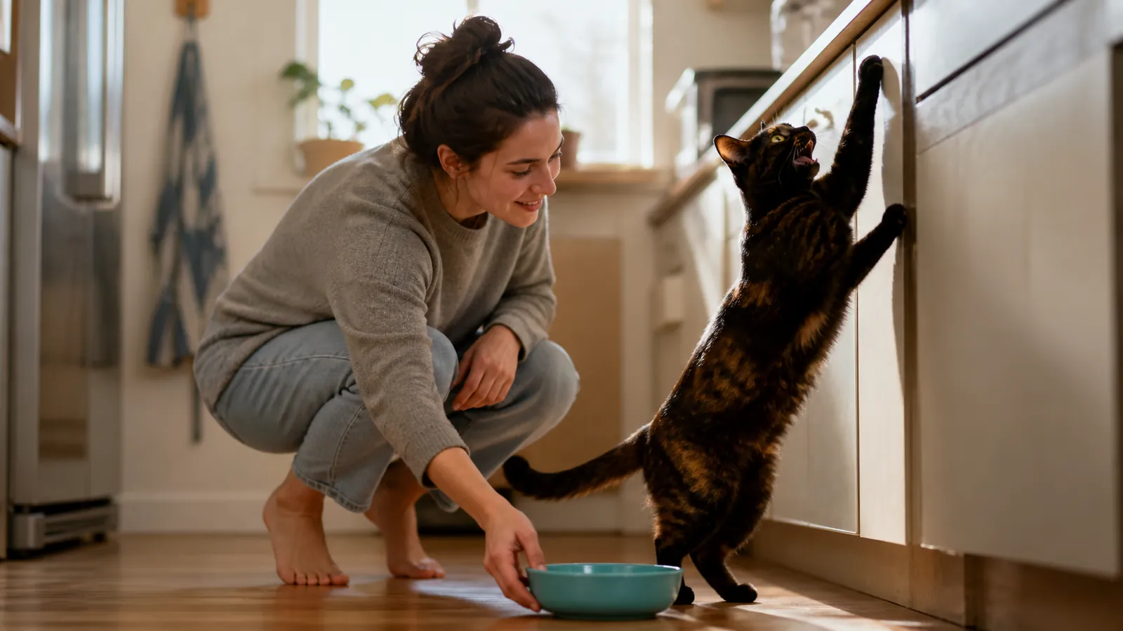 Bright-eyed cat begging for breakfast as her owner lowers a teal dish, appetite back after the online vet's plan