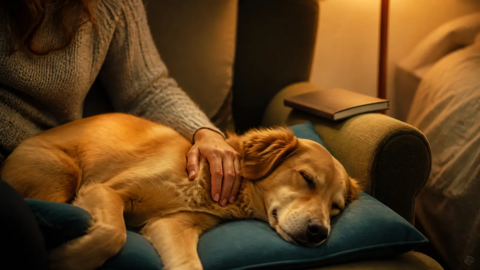 Hand resting on a sleeping dog's ribs to count resting breaths, preparing a baseline before an online vet visit