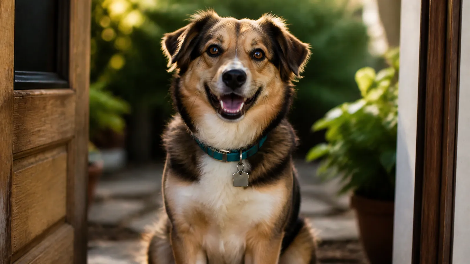 Grown dog with a glossy coat and teal collar posing in doorway light, one year after the first-year puppy budget began