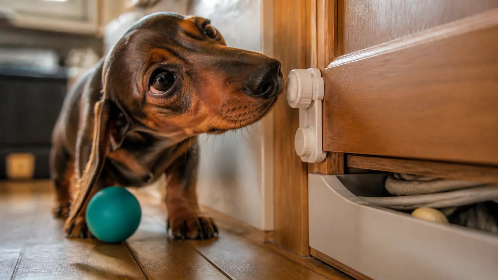 Puppy nose at floor level beside a latched cabinet and covered cords, the eye-level puppy-proofing check