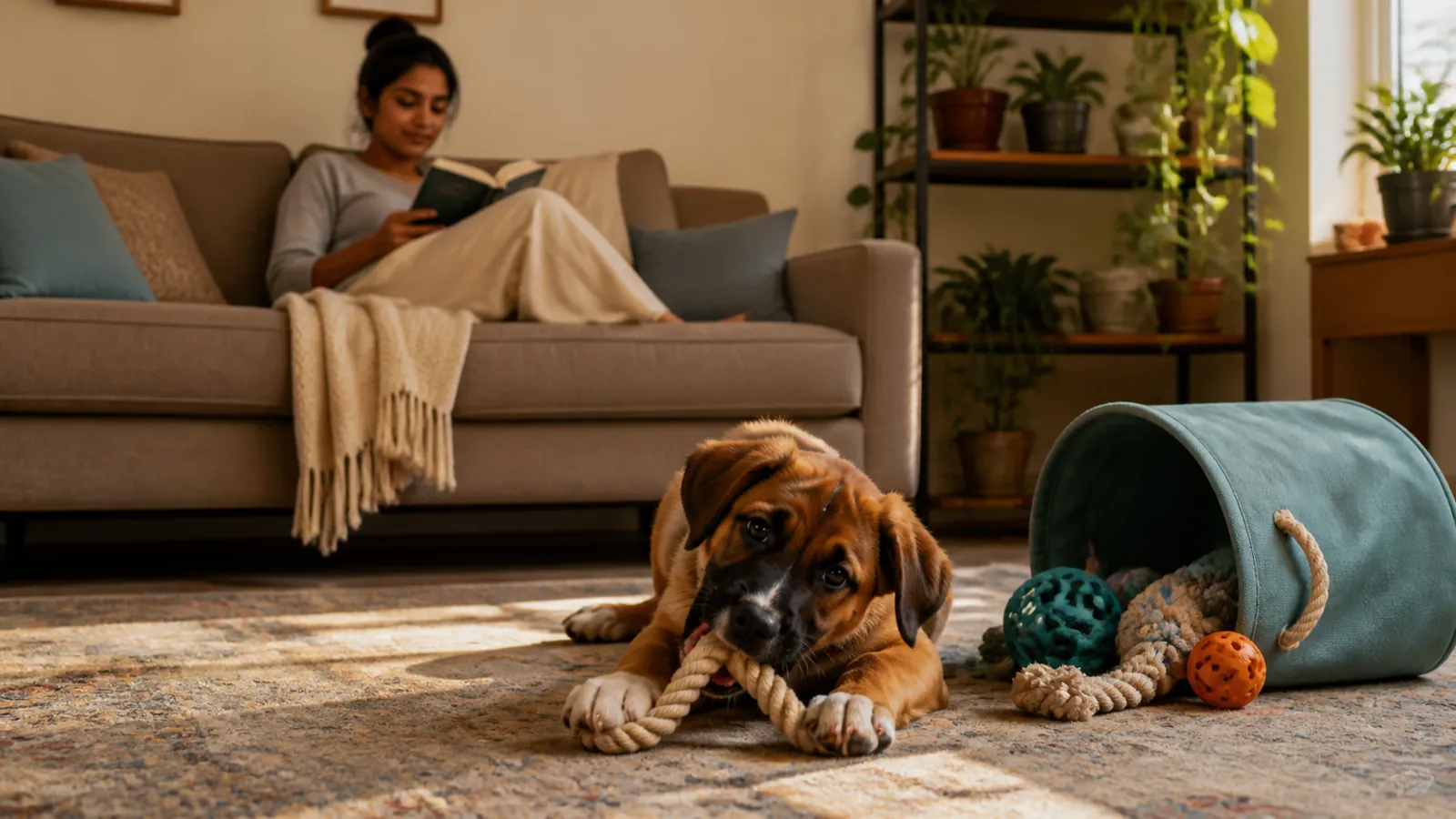 Puppy chewing a rope toy from a teal basket while its owner reads nearby, a fully puppy-proofed room at ease