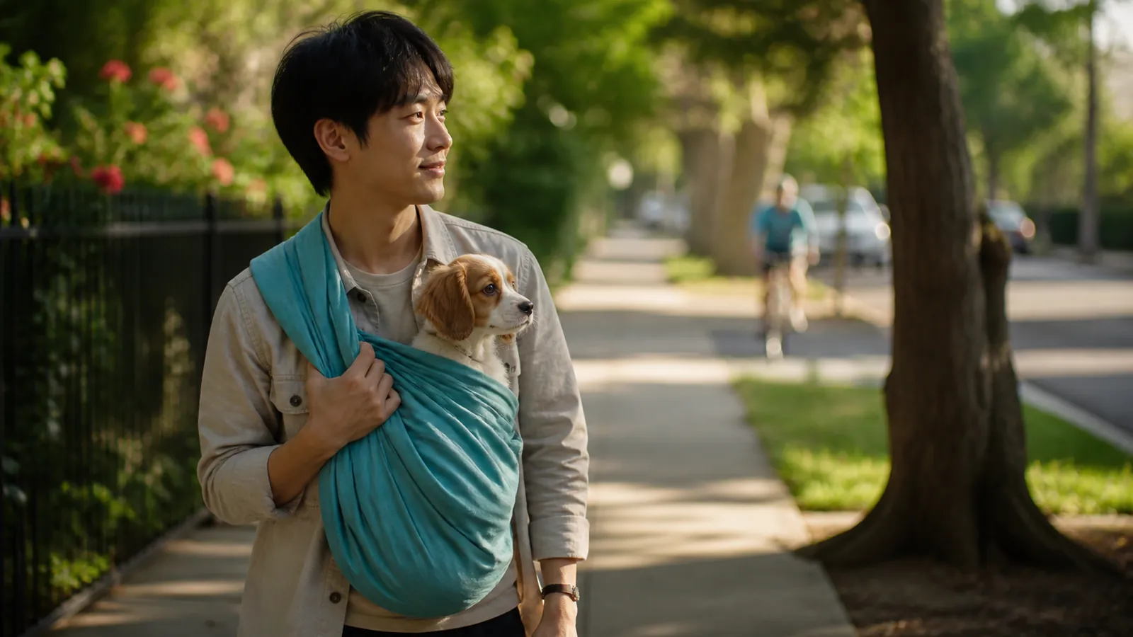 Puppy carried in a teal sling on a neighborhood walk, safe socialization before the vaccine series is complete
