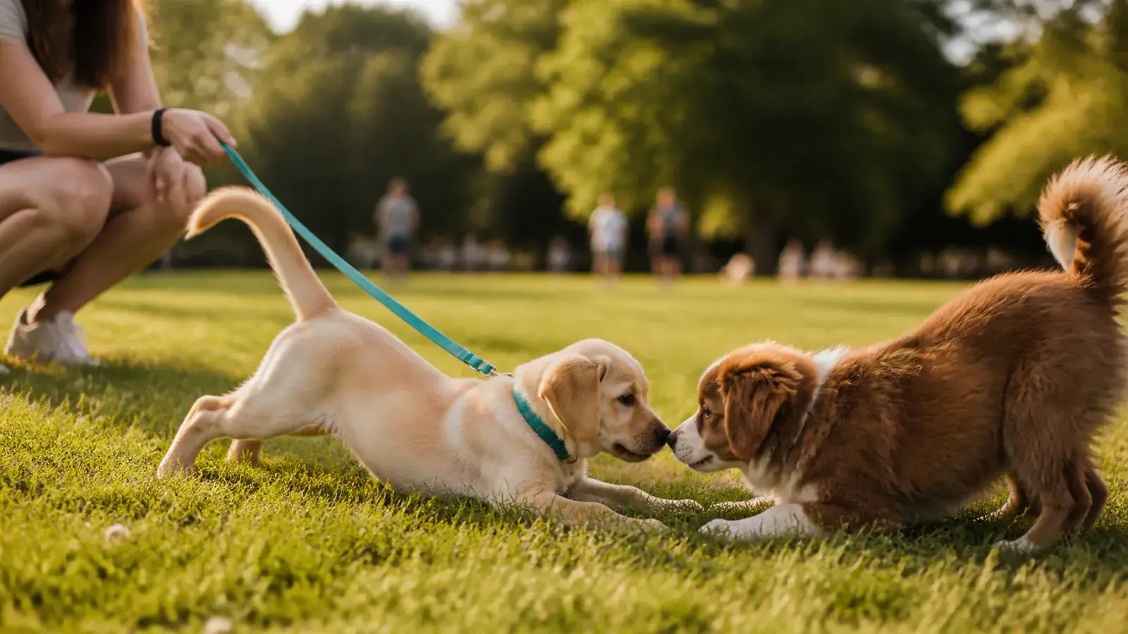 Vaccinated puppy play-bowing with another dog on park grass, first ground-level outing after finishing the series