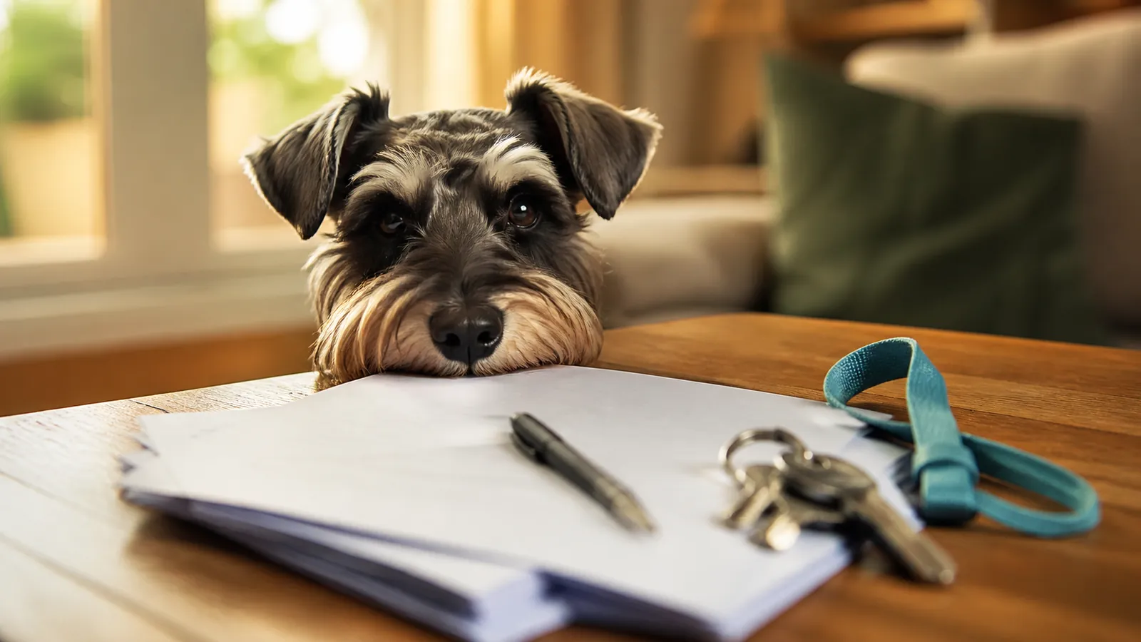Lease pages, pen and keys in focus while a dog rests its chin on the table, reviewing a pet addendum before signing