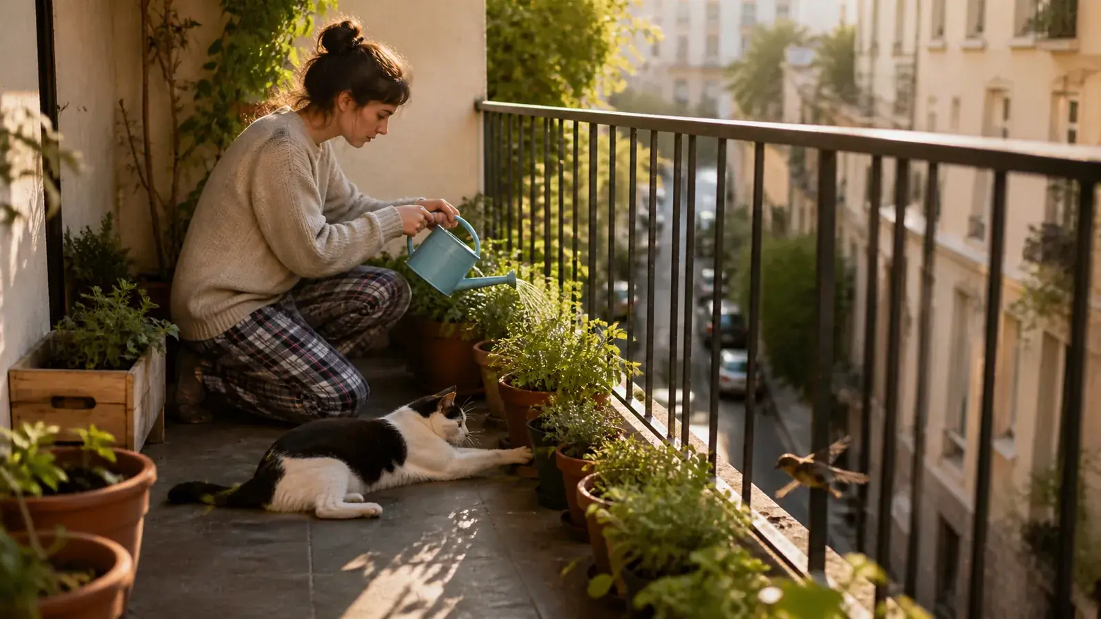 Renter watering balcony herbs with a teal can while her cat suns between planters, settled after the pet addendum