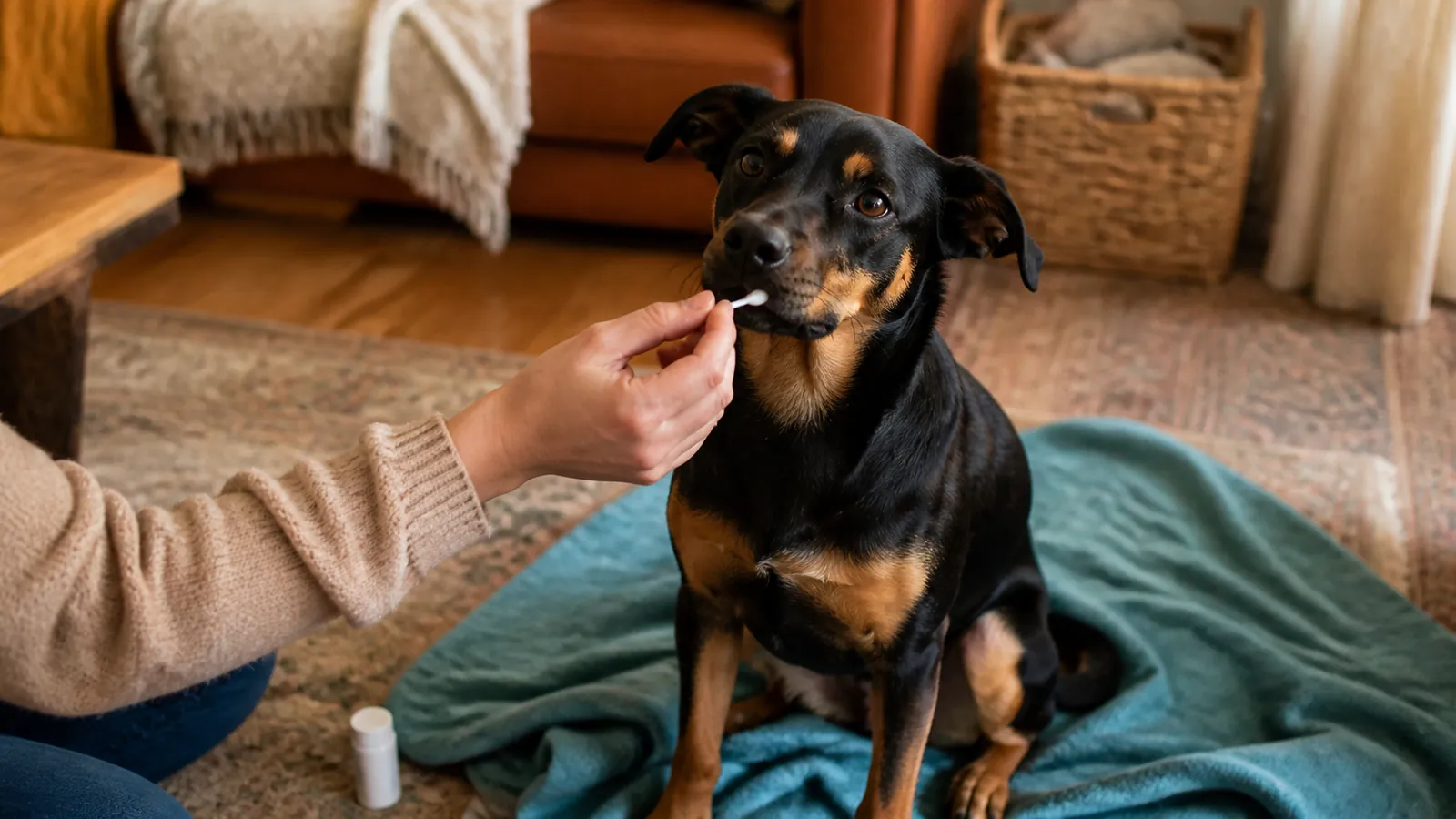 Owner taking a gentle cheek swab from a calm mixed-breed dog for a rescue dog DNA breed test at home