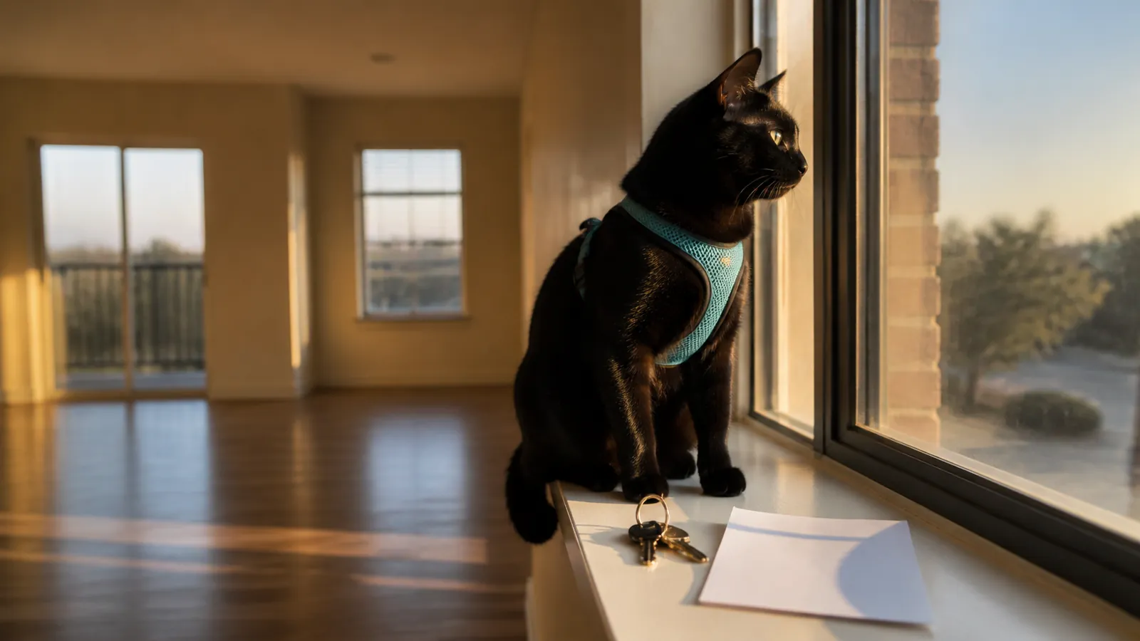 Black cat in a teal harness on the windowsill of an empty apartment at move-out, as the Texas deposit refund clock starts