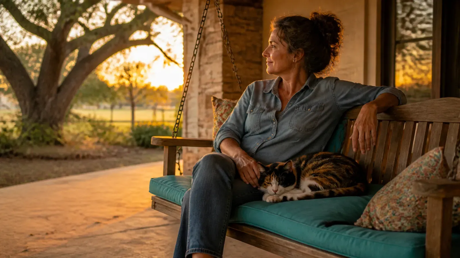 Woman and calico cat on a Texas porch swing at dusk on a teal cushion, deposit returned and the new home settled